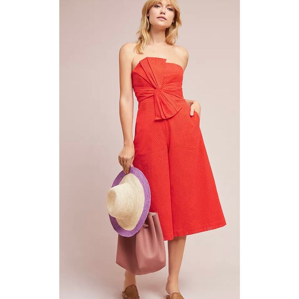 Anthropologie Strapless Orange Eyelet Wide Leg Jumpsuit Sz 14 XL Boho Coquette